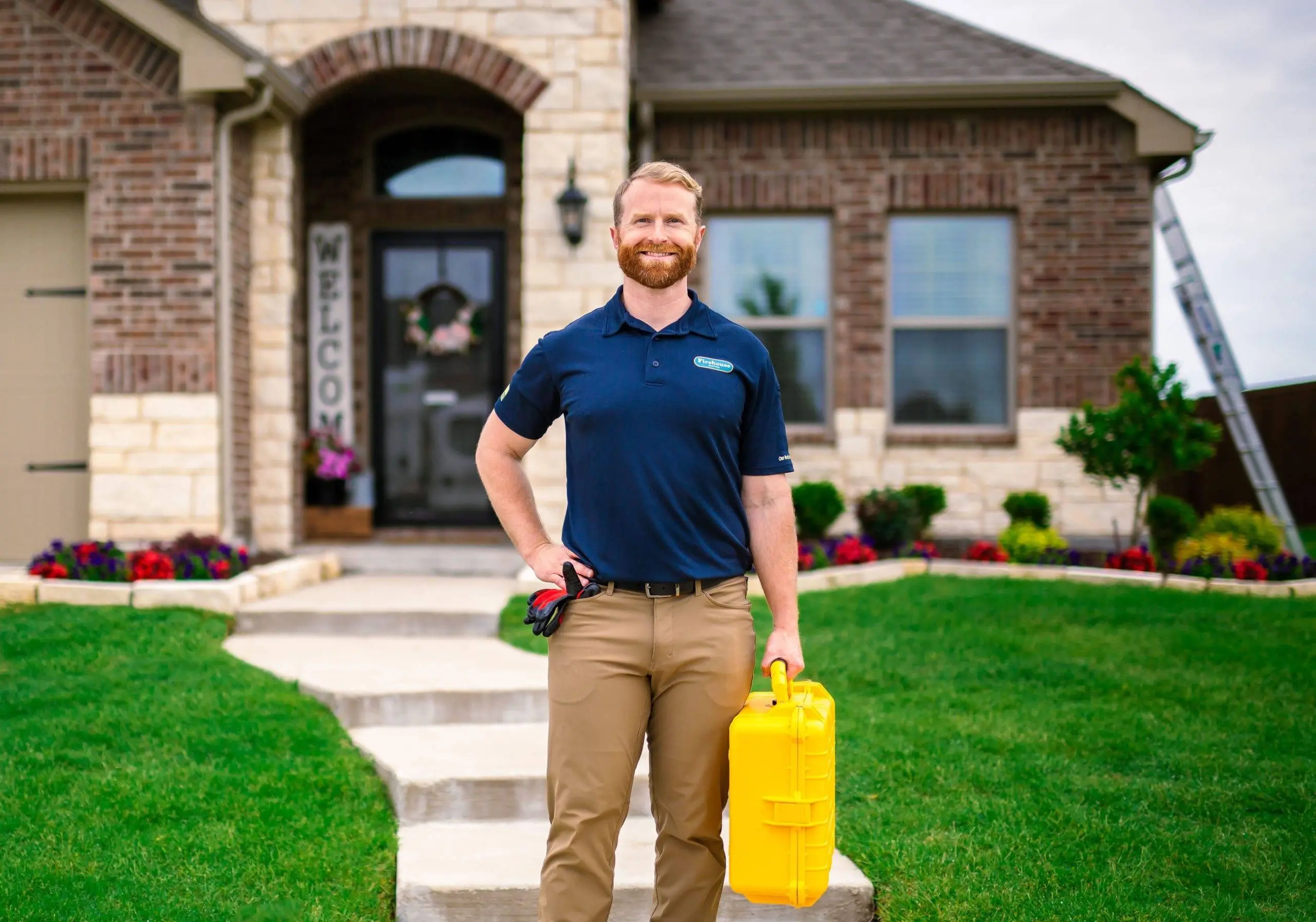 8B4A2279-2-scaled Firehouse Roofing technician outside a home