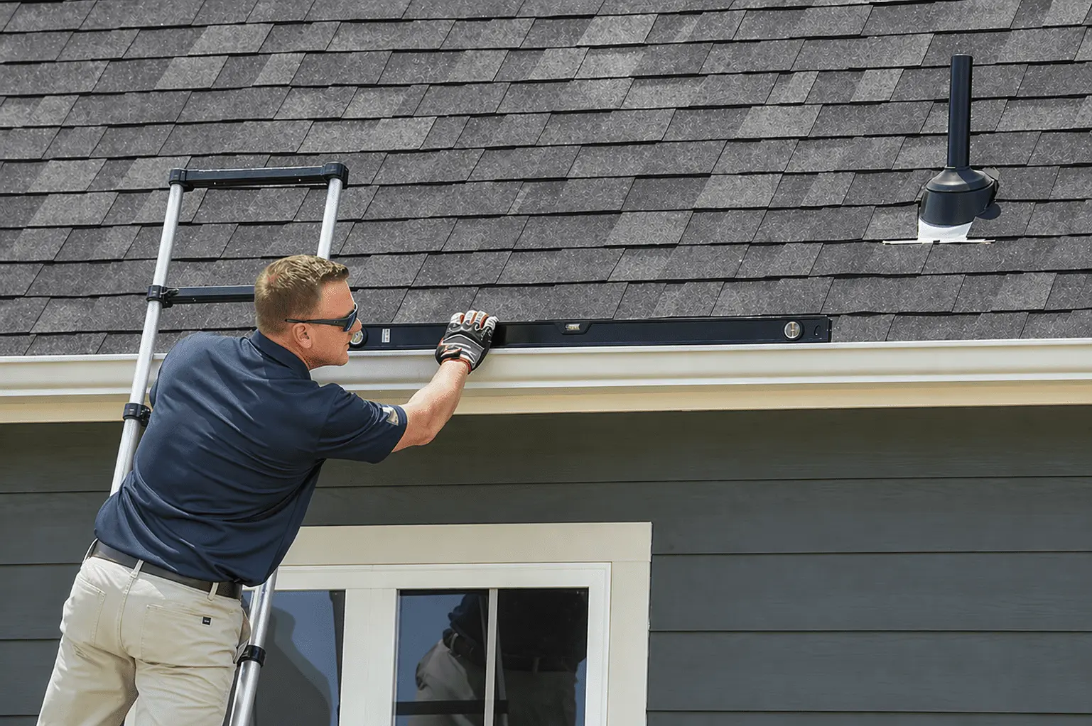 Technician inspecting a residential gutter