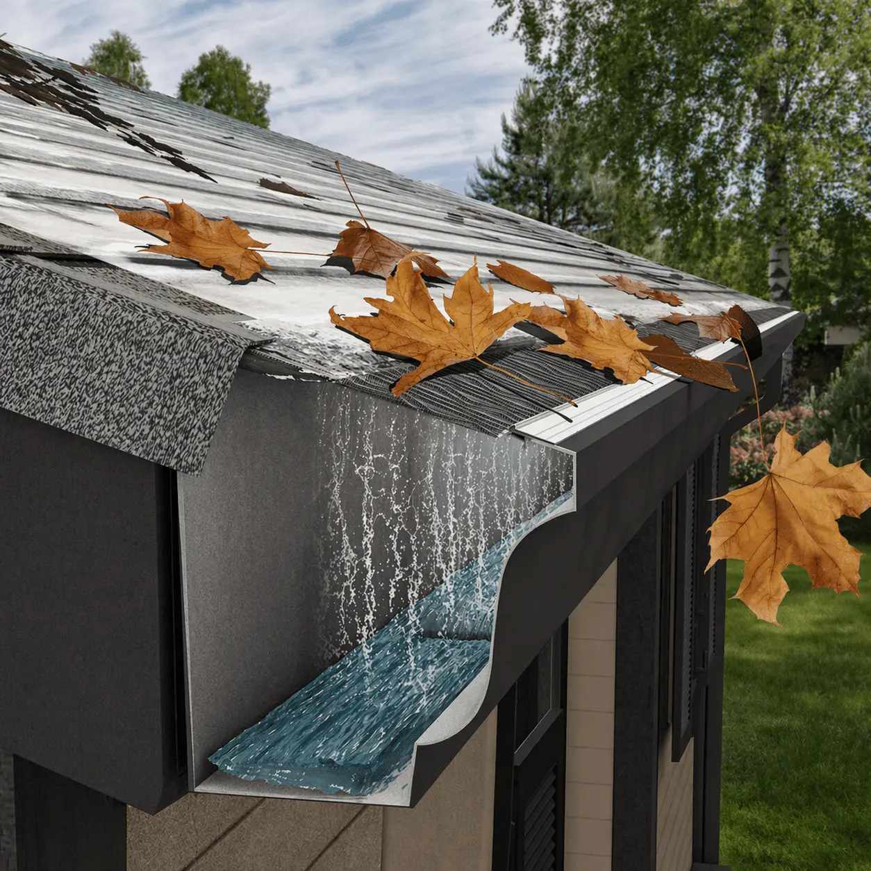Remastered-Gutter-Diagram-Image Diagram showing rainwater flowing from a roof into a gutter