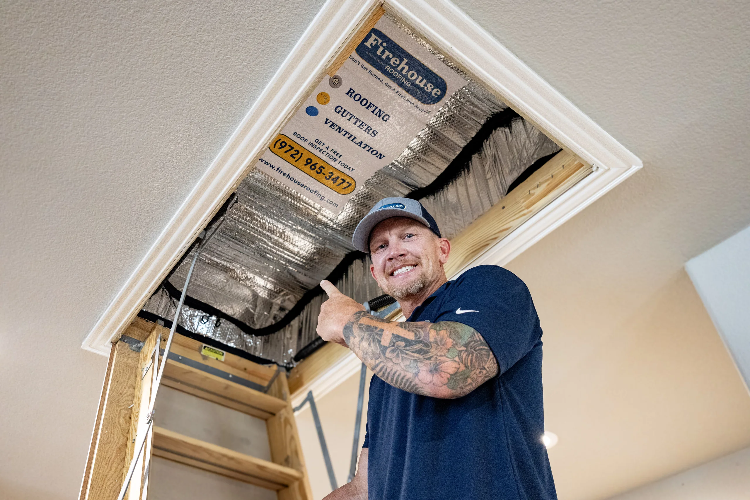 Firehouse Roofing Advisor Beside an Insulated Attic-access Cover Firehouse Roofing advisor beside an insulated attic-access cover