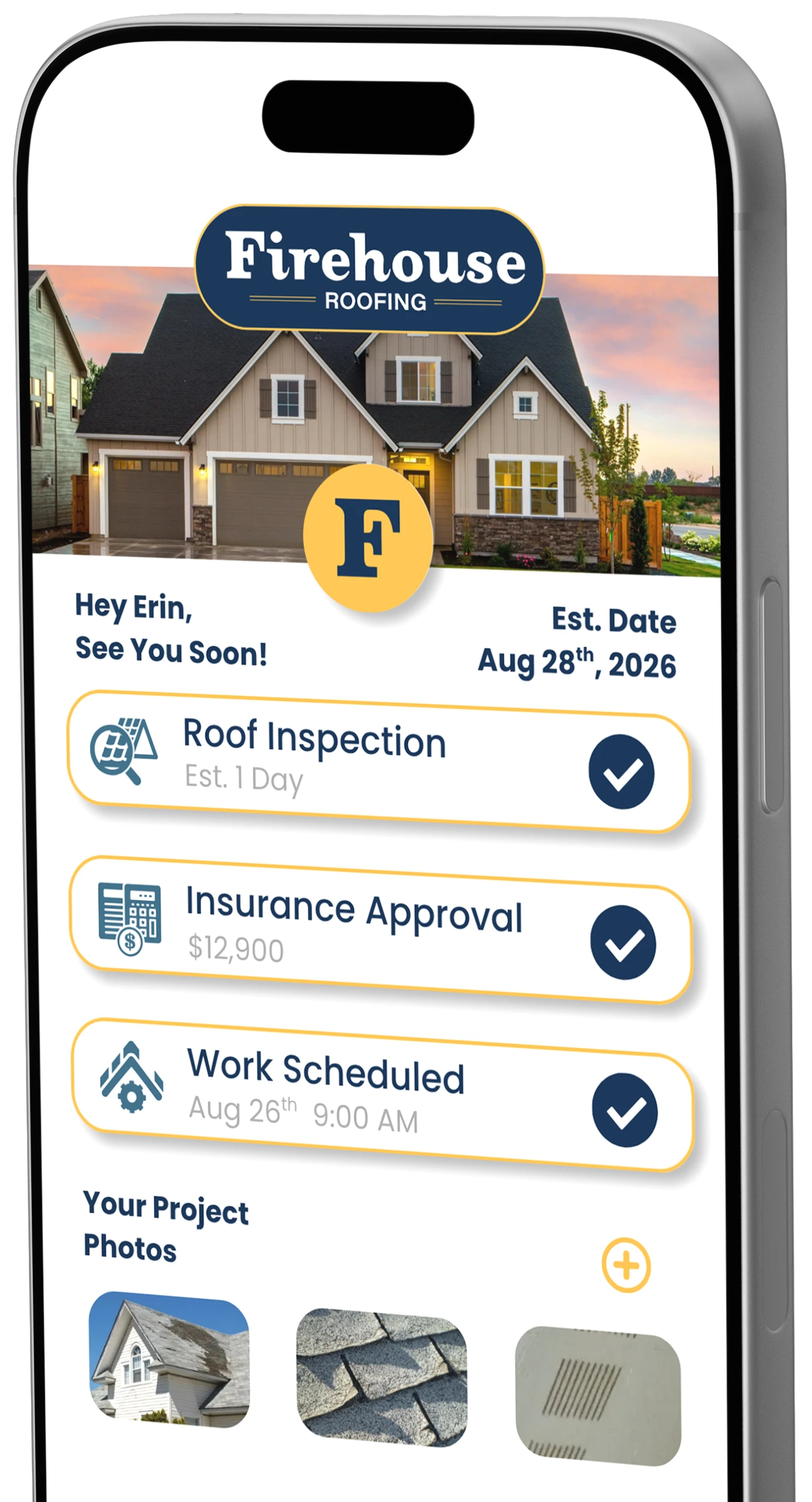 Firehouse Roofing customer app displayed on a smartphone