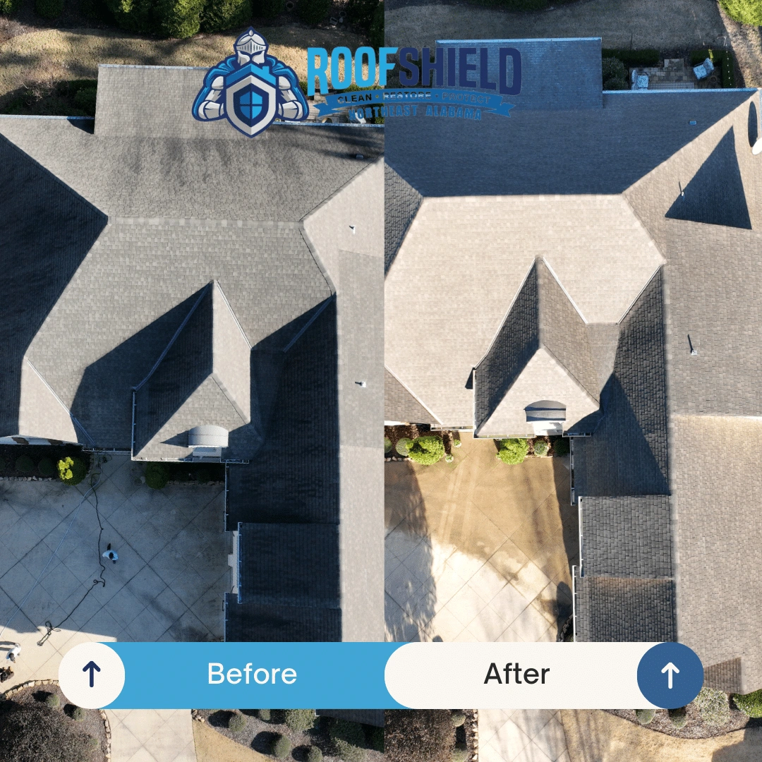 Aerial split view before and after Roof Shield treatment