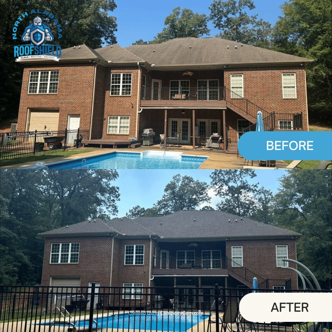 Roof Shield treatment before and after on a backyard roof