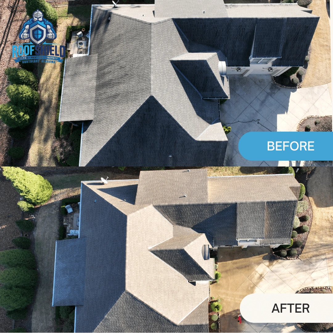 Aerial roof view before and after Roof Shield treatment