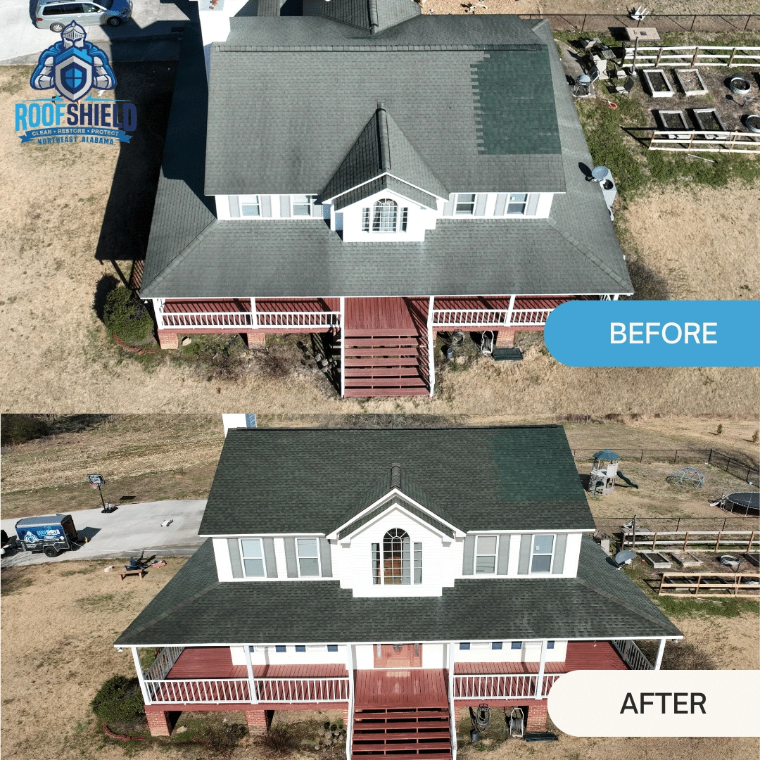 Roof Shield treatment before and after on a two-story home