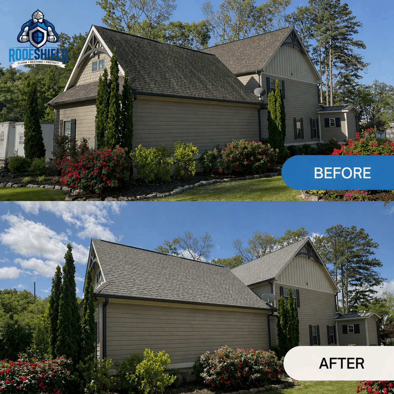 Roof Shield treatment before and after on a residential roof